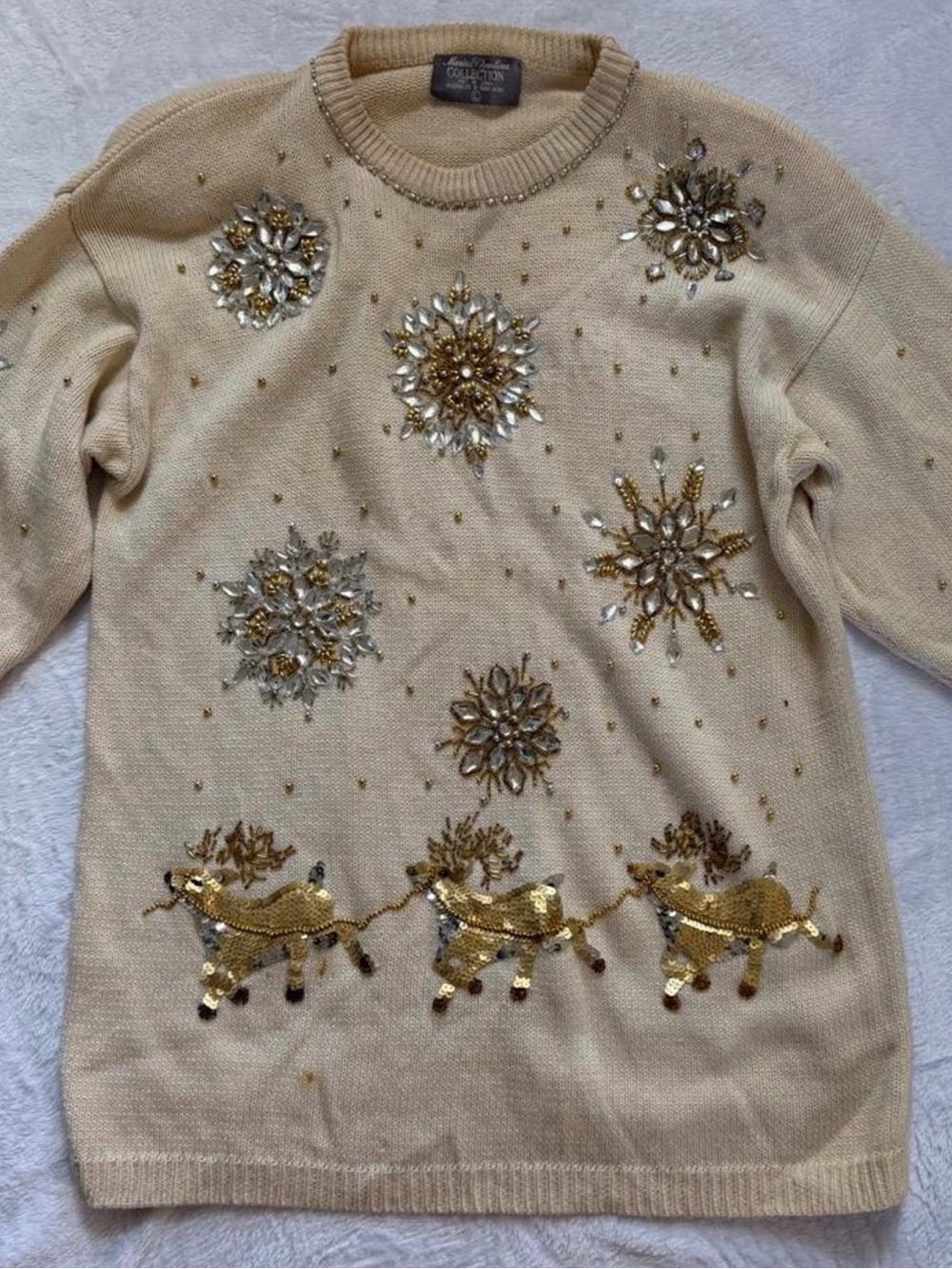 Vintage Beaded Reindeer Christmas Sweater Holiday Statement Women’s L